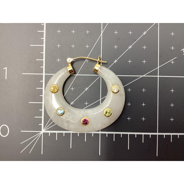 Contemporary Carved White Jade and 14k Yellow Gold Hoop Earrings, A Pair For Sale - Image 3 of 4