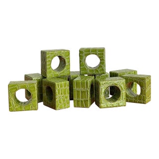 2000s Lime Green Faux Leather Reptile Embossed Napkin Rings - Set of 12 For Sale