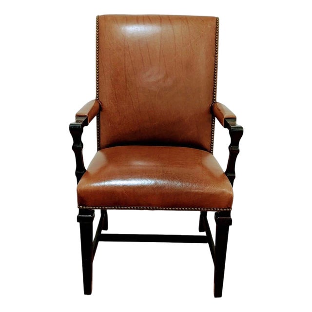 Vintage Leather Armchair Brass Nailhead Trim Mahogany Legs. For Sale