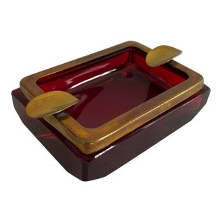 1960s Ruby Red Glass and Brass Ashtray For Sale