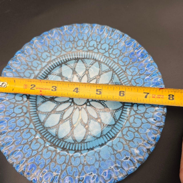 Mid-Century Sydenstricker 'Lace' Blue Ruffled Art Glass Bowl and Plate Set For Sale - Image 10 of 11