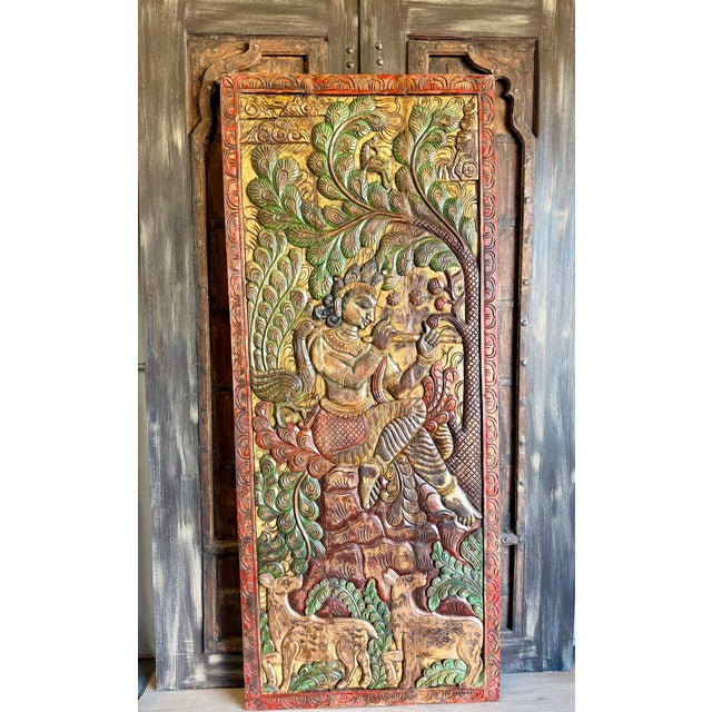 1920s Fluting Krishna With Deer – Vintage Carved Wood Wall Art From Colorful Indian Door 83x36 For Sale - Image 5 of 7