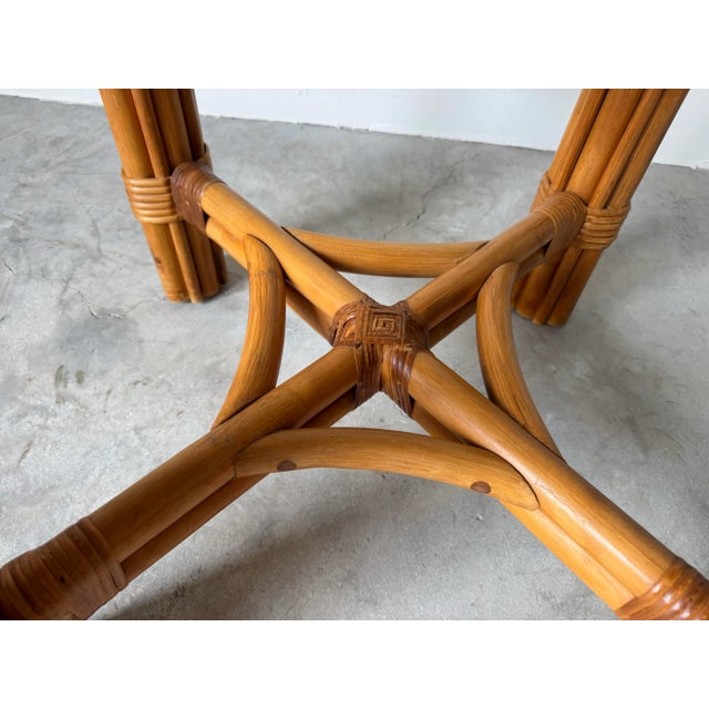 Brown Vintage Coastal Rattan Dining Table With Round Glass Top/ Sold For Sale - Image 8 of 12