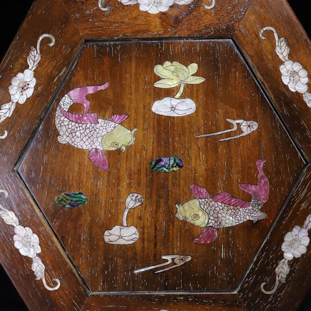 Brown Vintage Chinese Huali Rosewood Mother-of-Pearl Inlaid "Fish & Lotus" Hexagonal Stool For Sale - Image 8 of 10