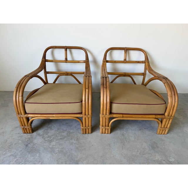 Mid-Century Paul Frankl Style Bamboo & Rattan Lounge Chairs – A Pair For Sale - Image 4 of 12