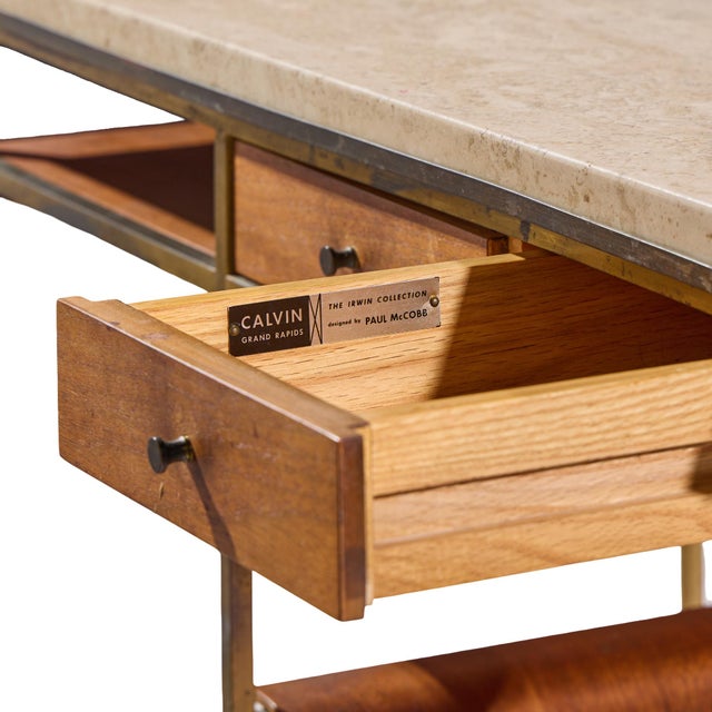 Paul McCobb for Calvin Irwin Collection Model C9203 Mid Century Travertine, Brass and Mahogany Bar Cart For Sale - Image 11 of 11