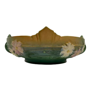 Vintage 1940’s Roseville Cosmos Green Art Pottery Console Bowl Large #371-10