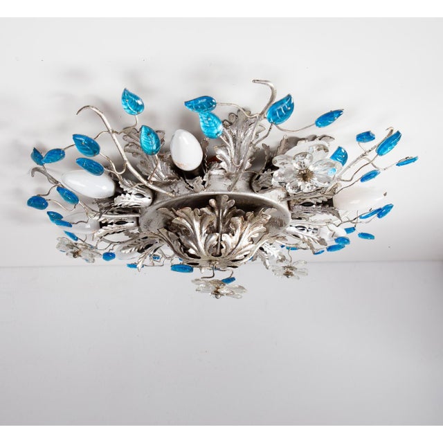Large Vintage Ceiling Light in Silver-Plated Iron and Blue Glass Leaves from Banci Firenze, 1980s For Sale - Image 4 of 11