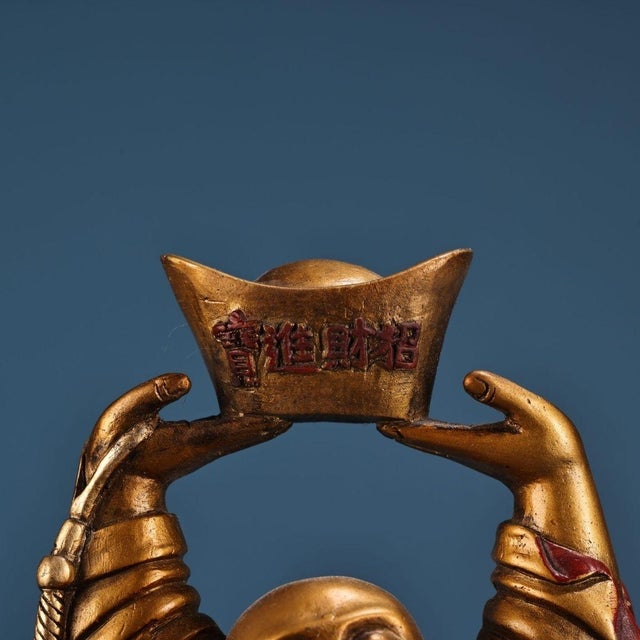Metal Vintage Gilt Bronze Standing Maitreya Buddha Holding Gold Ingot For Sale - Image 7 of 9
