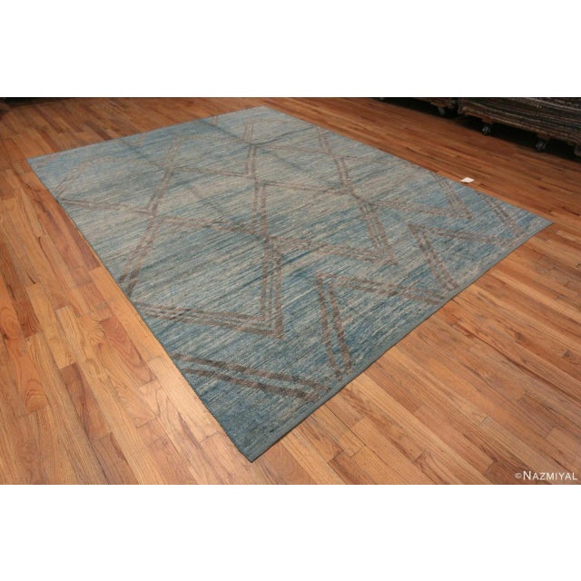 A Magnificent Artistic Light Blue Abrash Background Brown Geometric Diamond Pattern Modern Area Rug, Country of Origin:...
