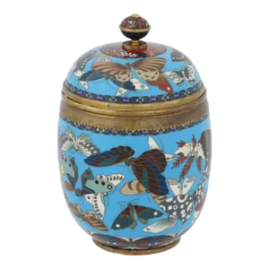 Large Antique Meiji Japanese Cloisonne Enamel Covered Jar With Butterflies Goto