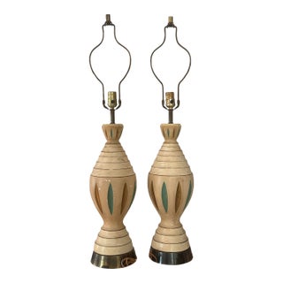 Pair of Mid-Century Atomic Chalkware Table Lamps With Turquoise Inlay, C. 1960 For Sale