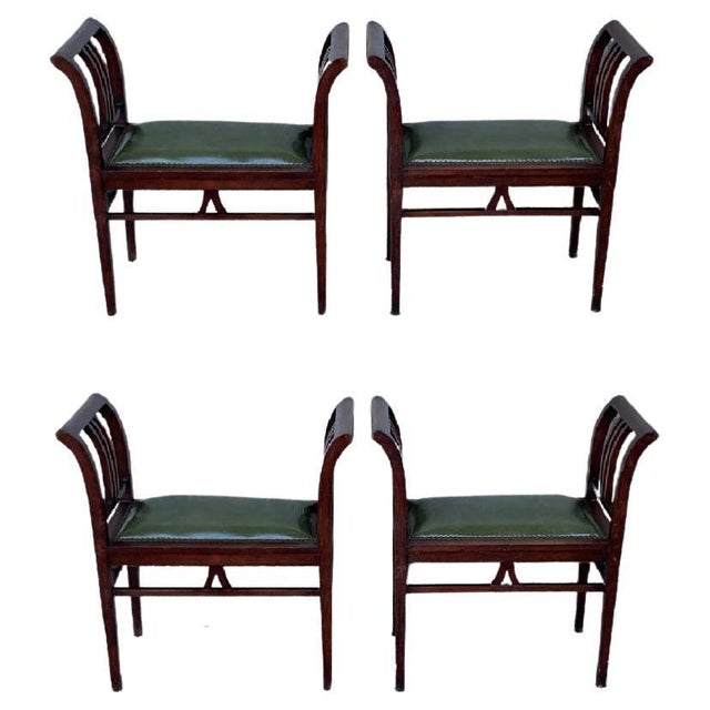 Brown Mid 20th Century Set of Four Art Deco Stools in Walnut with Arms and Seat Leather For Sale - Image 8 of 18