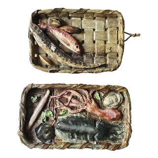 Neapolitan Ceramic Baskets Wall Sculptures with Fish and Seafood by V. Sostegno, 1950s, Set of 2 For Sale