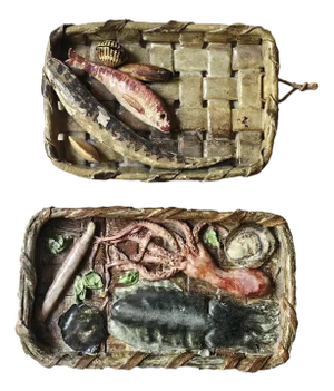 Neapolitan Ceramic Baskets Wall Sculptures with Fish and Seafood by V. Sostegno, 1950s, Set of 2