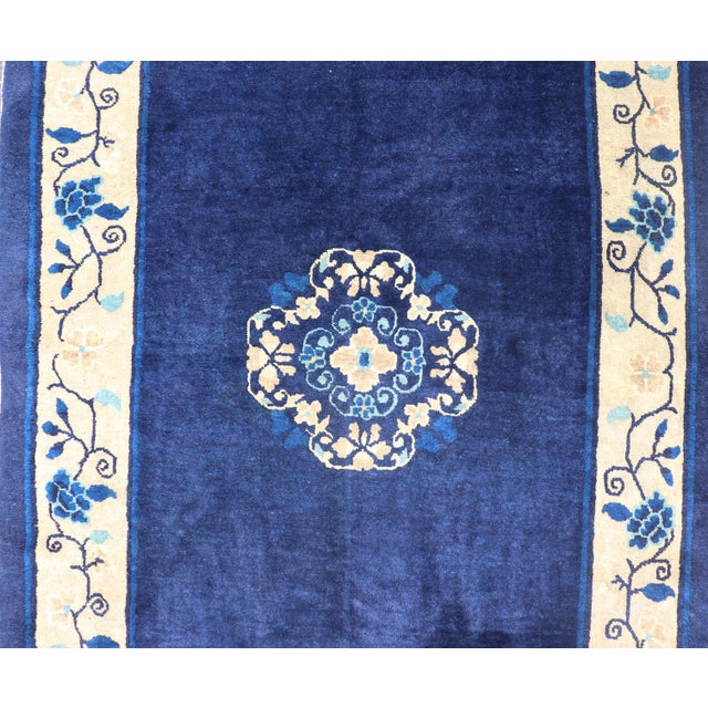 Blue Antique Chinese Peking Carpet in Dark Blue Background 4' X 6'8 For Sale - Image 8 of 14