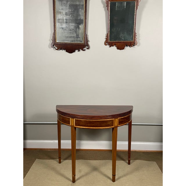George III - Regency Figured Mahogany and Satinwood Demi Lune Table For Sale In Washington DC - Image 6 of 15