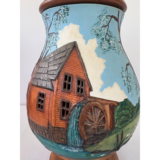 Farmhouse Vintage Hand-Painted Gristmill Ceramic Table Lamp With Wood-Tone Lid and Base 13.5” For Sale - Image 3 of 12