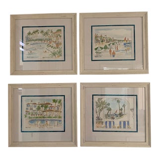 Charming Set of 4 Beach Watercolors With Whimsical Umbrellas and Children at Play For Sale