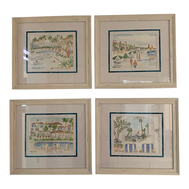 Charming Set of 4 Beach Watercolors With Whimsical Umbrellas and Children at Play For Sale