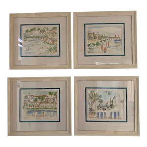 Charming Set of 4 Beach Watercolors With Whimsical Umbrellas and Children at Play
