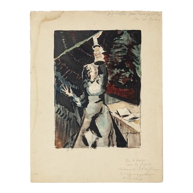 Interior with Woman Watercolor on Paper by Pierre Laurent Brenot For Sale