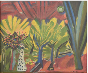 C. Grahn, Abstract Composition with Trees and Figure, Oil on Panel, 1958