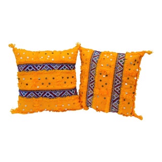 Late 20th Century Orange Berber-Striped & Sequined Pillows - Set of 2 For Sale