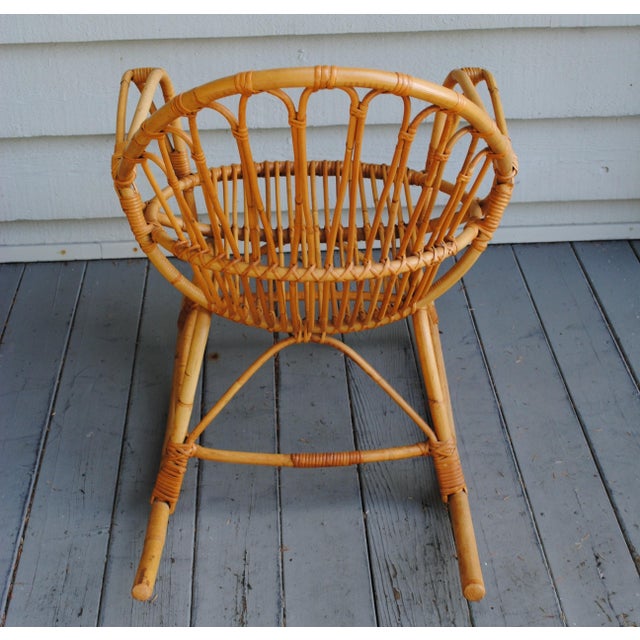 Vintage Small Adult Rattan Bamboo Fan Back Rocking Rocker Chair 1960's For Sale - Image 4 of 6