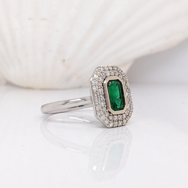 Emerald Cut Zambian Emerald Diamond Double Halo Ring: Solid 14k Gold, 7x4mm, Size 6.75 For Sale In Columbus - Image 6 of 9