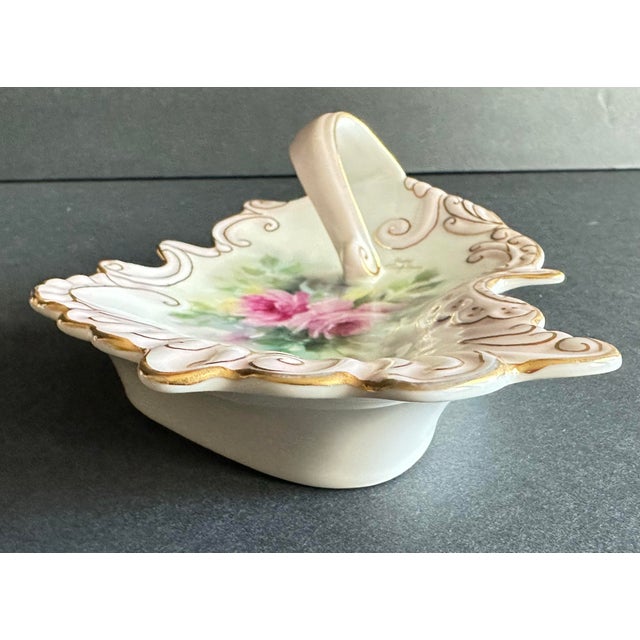 Ceramic Twentieth Century Hand Painted Gold Gilt Pink Roses Jewelry Trinket Dish For Sale - Image 7 of 12