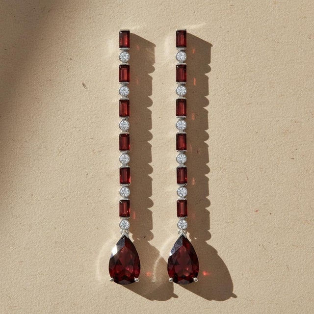 Garnet Long Drop Earrings, Silver, Gold, Pair For Sale - Image 6 of 8