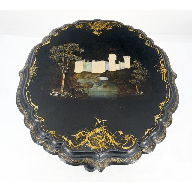 English Papier-Mache Black Gold Mother of Pearl Antique c1900s Lamp Table Clean! For Sale - Image 6 of 13