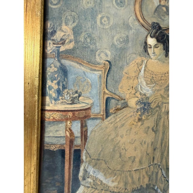 Antique 1917 Victorian Original Lady Woman With Flowers Watercolor Painting Art For Sale - Image 4 of 10