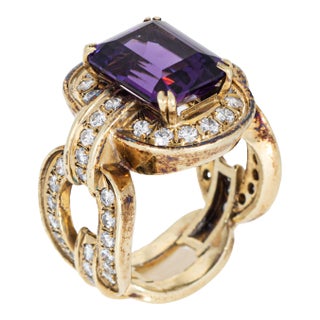 80s Vintage Amethyst Diamond Link Ring Sz 6.75 Wide Band 14k Yellow Gold Jewelry For Sale