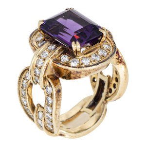 80s Vintage Amethyst Diamond Link Ring Sz 6.75 Wide Band 14k Yellow Gold Jewelry