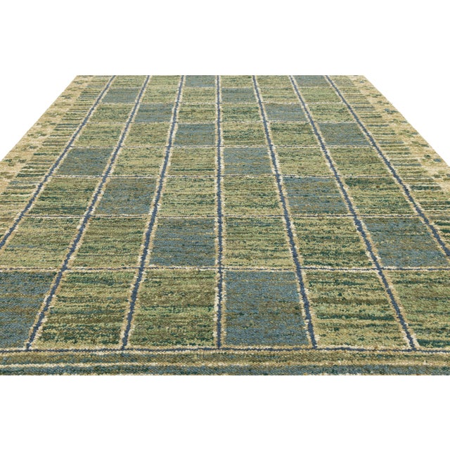 Modern Swedish-Style Flatweave Wool Rug – Moss Green & Slate Blue Geometric Grid For Sale In New York - Image 6 of 10