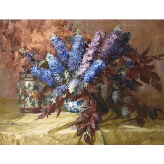 Julien Stappers, Delphinium, 20th Century, Oil on Canvas For Sale - Image 3 of 11