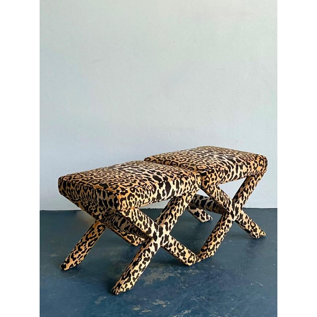 Wood Vintage Leopard Velvet X-Base Stools - A Pair For Sale - Image 7 of 17