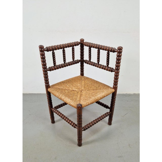 Arts and Craft Style Bobbin Corner Chair in Oak with Rush Seat, 1950s For Sale - Image 6 of 8