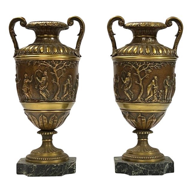 Antique Roman Neoclassical Patinated Bronze Vases - A Pair For Sale