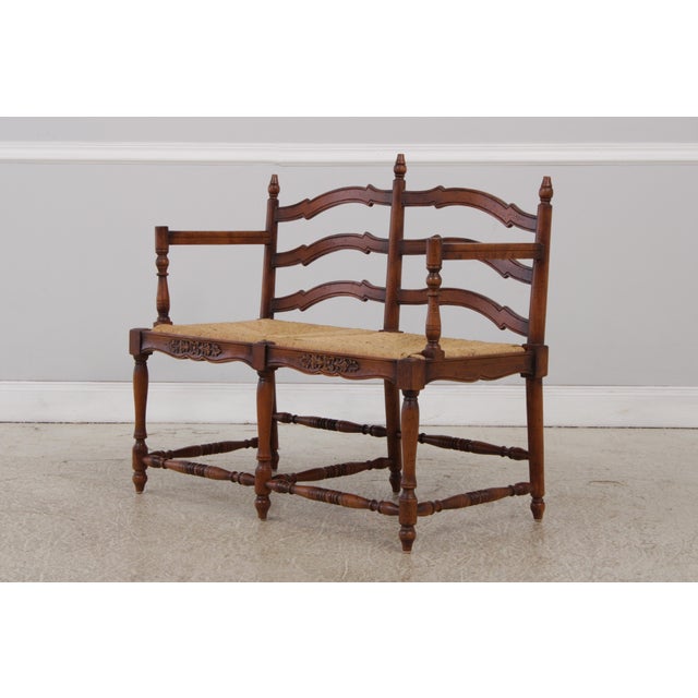 French Country Country French Rush Seat Bench For Sale - Image 3 of 15