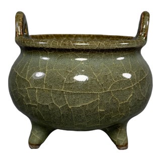 Antique Chinese Official‑Style Celadon Porcelain Tripod Censer Incense Burner For Sale