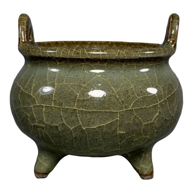 Antique Chinese Official‑Style Celadon Porcelain Tripod Censer Incense Burner For Sale