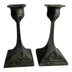 Antique Art Nouveau Grapes & Leaves Bronze Candlestick Holders- A Pair