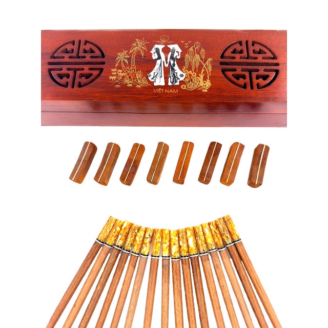 Contemporary Asian Modern Vietnamese Wooden Chopsticks for 8 With Yellow Mother of Pearl Marbled Tips Decorative Storage Box and Coordinating Rests - 25 pcs For Sale - Image 3 of 11