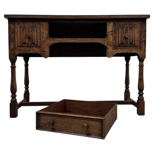 Early 20th Century Antique English Edwardian Oak Writing Desk For Sale - Image 6 of 13