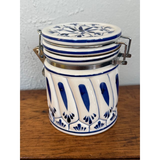 Late 20th Century Late 20th Century Hand Painted Blue and White Delft Style Canister With Latch Lid For Sale - Image 5 of 8