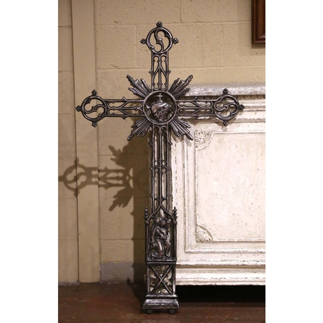 Late 19th Century 19th Century French Gothic Revival Polished Cast Iron Sacred Heart Altar Cross For Sale - Image 5 of 7