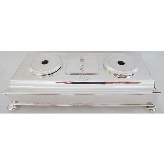 Title: English Silver plate Rectangular Form Double Inkwell with Stand Accessory. Period: Early 20th century. Maker:...